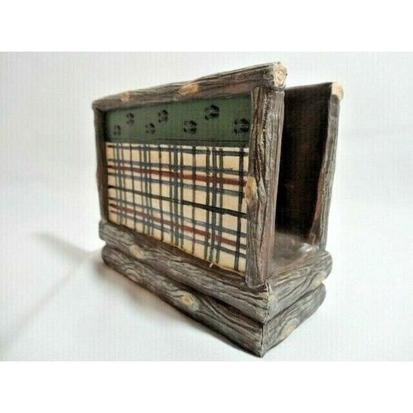 Moose Tracks Napkin Holder Plaid and Logs Design Tan Brown Green Stoneware Gift - Picture 5 of 6